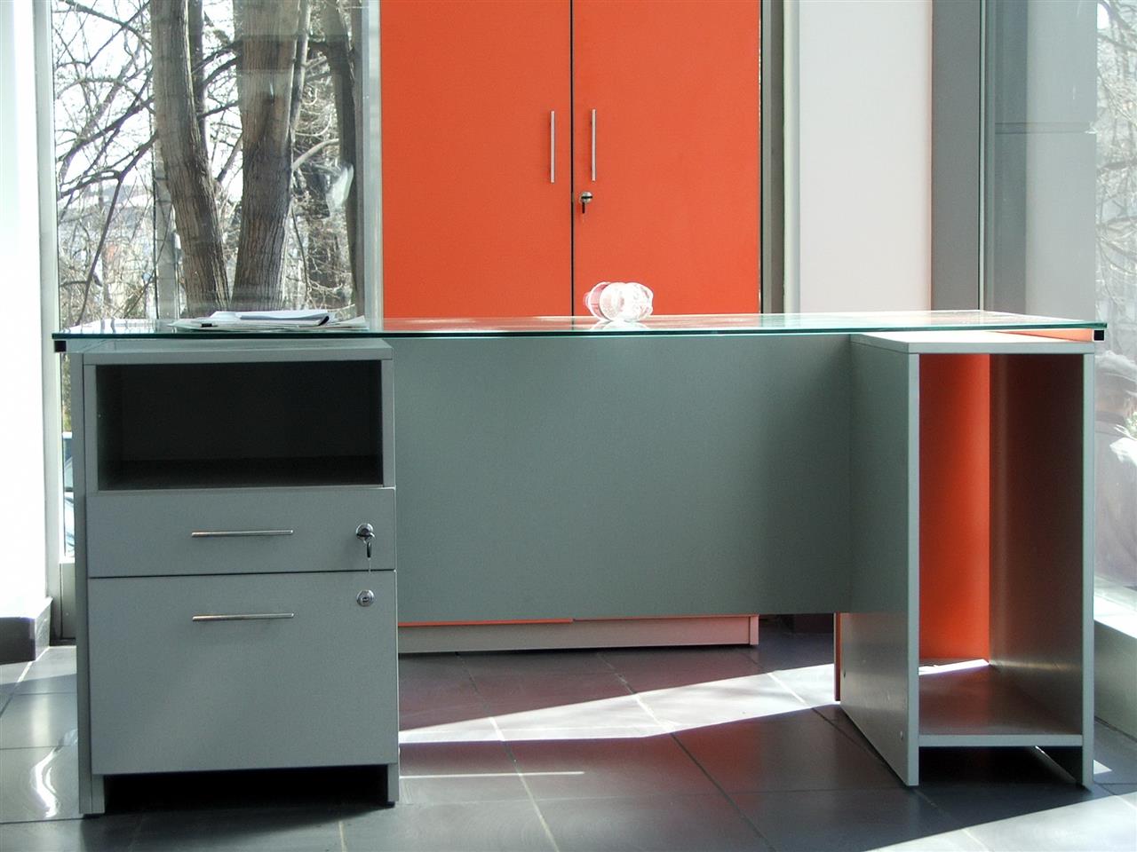 Poza birou + dulap mic, drept, pal, geam securizat, argintiu/portocaliu - bcb050407 [2]